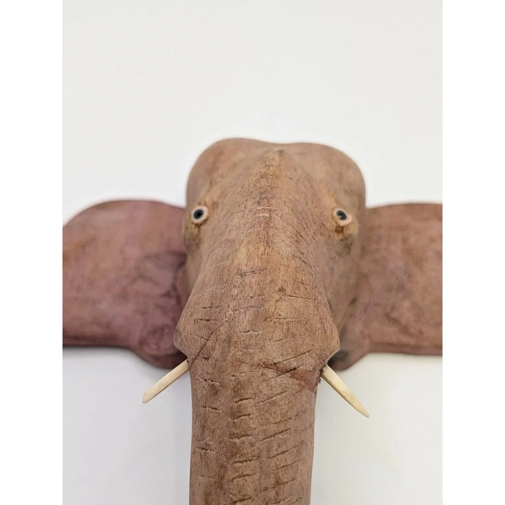 Vintage Hand Carved Wood Elephant Head Wall Decor Key Hook Holder India